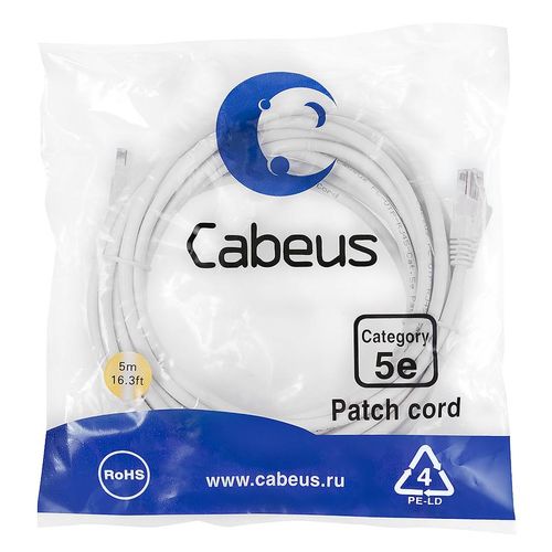 9493c Cabeus | Патч-корд кат.5E U/UTP неэкранир. 2хRJ45/8p8c PC-UTP-RJ45-Cat.5e-5m-WH-LSZH бел. LSZH 5м