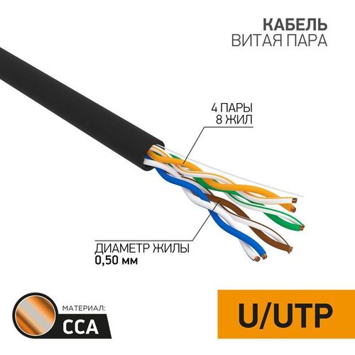 01-0045-3 PROCONNECT | Кабель витая пара U/UTP кат.5E 4х2х24AWG омедненный наружн. прокладки черн. 305м (м)