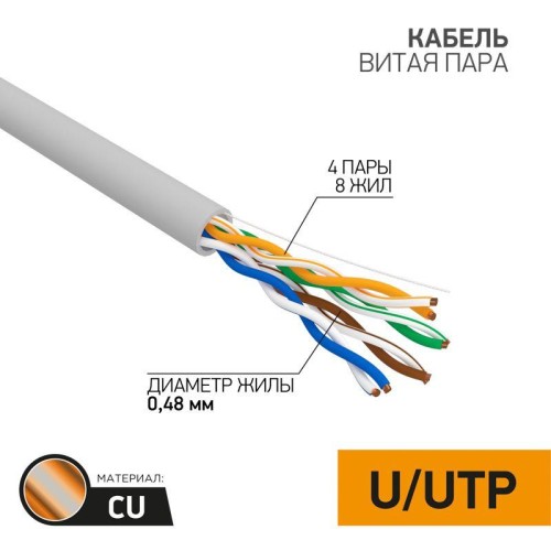 01-0052-100 PROCONNECT | Кабель витая пара U/UTP кат.5E 4х2х24AWG CU медь 100МГц PVC сер. (уп.100м)