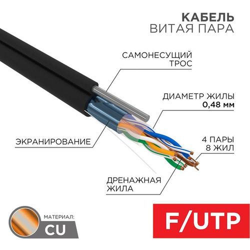 01-0155 PROCONNECT | Кабель витая пара F/UTP кат.5E 4х2х24AWG OUTDOOR + ТРОСх1 черн. 305м (м)