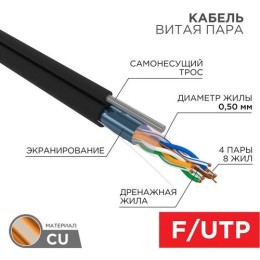 01-0144 Rexant | Кабель витая пара F/UTP 4х2х24AWG кат.5E solid CU PE Outdoor трос черн. (м)