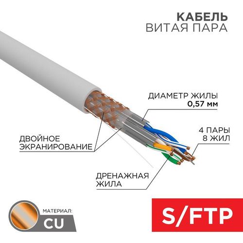 02-0325 Rexant | Кабель витая пара S/FTP CAT 6A ZH нг(А)-HF 4х2х0.575мм 23AWG INDOOR SOLID сер. 305м PRO