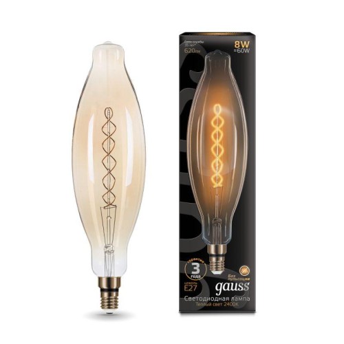 156802008 GAUSS | Лампа светодиодная филаментная Black Filament 8Вт T120 цилиндр золотая 2400К тепл. бел. E27 620лм
