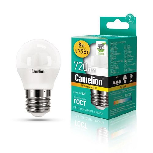 12392 Camelion | Лампа светодиодная LED8-G45/830/E27 8Вт шар 3000К тепл. бел. E27 720лм 170-265В