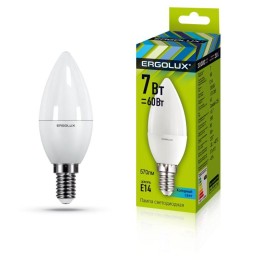 12134 Ergolux | Лампа светодиодная LED-C35-7W-E14-3000K "Свеча" 172-265В