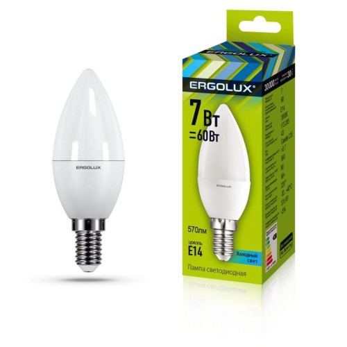 12134 Ergolux | Лампа светодиодная LED-C35-7W-E14-3000K "Свеча" 172-265В