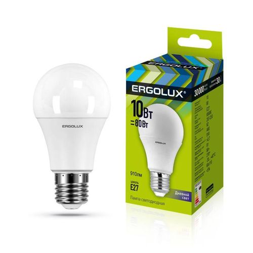 12879 Ergolux | Лампа светодиодная LED-A60-10W-E27-6500K 10Вт грушевидная 6500К холод. бел. E27 180-240В ЛОН