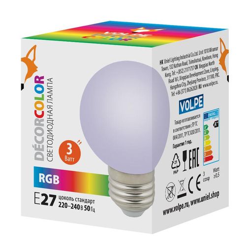 UL-00006960 Volpe | Лампа декоративная светодиод. LED-G60-3W/RGB/E27/FR/С Шармат RGB упак. картон.