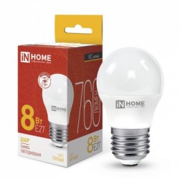 4690612020563 IN HOME | Лампа светодиодная LED-ШАР-VC 8Вт шар 3000К тепл. бел. E27 760лм 230В IN