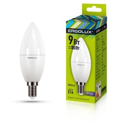 13169 Ergolux | Лампа светодиодная LED-C35-9W-E14-6К Свеча 9Вт E14 6500К 172-265В