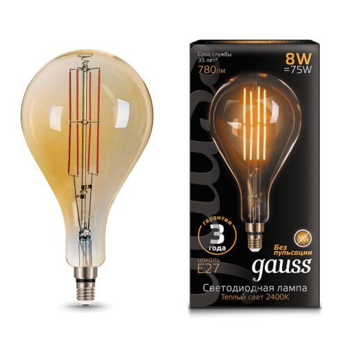 149802008 GAUSS | Лампа светодиодная филаментная Black Filament 8Вт A160 грушевидная золотая 2400К тепл. бел. E27 780лм