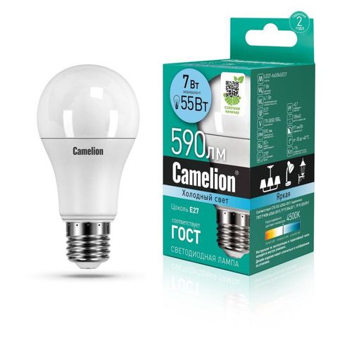 11254 Camelion | Лампа светодиодная LED7-A60/845/E27 7Вт грушевидная 4500К бел. E27 550лм 220-240В