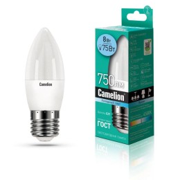 12390 Camelion | Лампа светодиодная LED8-C35/845/E27 8Вт свеча 4500К бел. E27 750лм 170-265В