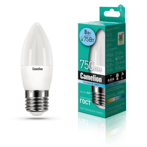 12390 Camelion | Лампа светодиодная LED8-C35/845/E27 8Вт свеча 4500К бел. E27 750лм 170-265В