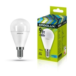 13174 Ergolux | Лампа светодиодная LED-G45-9W-E14-4К 9Вт шар 4000К нейтр. бел. E14 172-265В