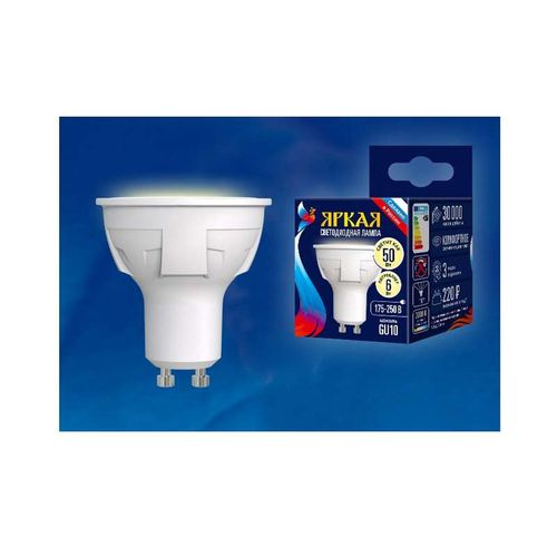 UL-00002423 Uniel | Лампа светодиодная LED-JCDR 6W/WW/GU10/FR PLP01WH Яркая JCDR 6Вт матовая 3000К тепл. бел. GU10 (упак. картон)