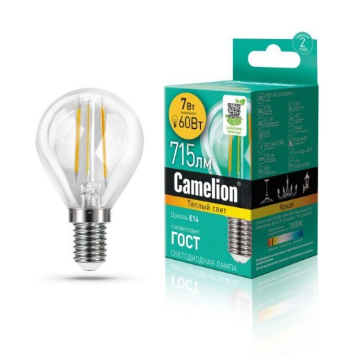 13456 Camelion | Лампа светодиодная филаментная LED7-G45-FL/830/E14 7Вт 220В
