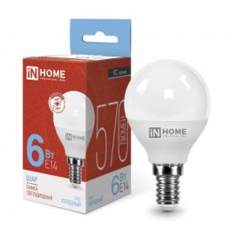 4690612030630 IN HOME | Лампа светодиодная LED-ШАР-VC 6Вт шар 6500К холод. бел. E14 570лм 230В IN