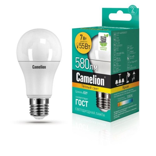 11253 Camelion | Лампа светодиодная LED7-A60/830/E27 7Вт грушевидная 3000К тепл. бел. E27 490лм 220-240В