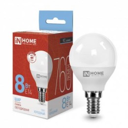 4690612024882 IN HOME | Лампа светодиодная LED-ШАР-VC 8Вт шар 6500К холод. бел. E14 760лм 230В IN