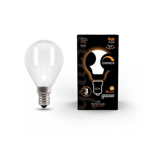 105201109-D GAUSS | Лампа светодиодная филаментная Black Filament 9Вт P45 шар матовая 3000К тепл. бел. E14 590лм диммир.