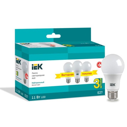 LLE-A60-11-230-40-E27-3 IEK | Лампа светодиодная 11Вт A60 шар 4000К нейтр. бел. E27 230В (уп.3шт)