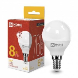 4690612020549 IN HOME | Лампа светодиодная LED-ШАР-VC 8Вт шар 3000К тепл. бел. E14 760лм 230В IN