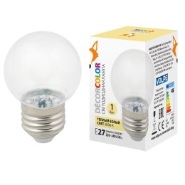UL-00005807 Volpe | Лампа светодиодная декоративная LED-G45-1W/3000K/E27/CL/С "шар" прозрачн. теплый бел. свет (3000К) картон