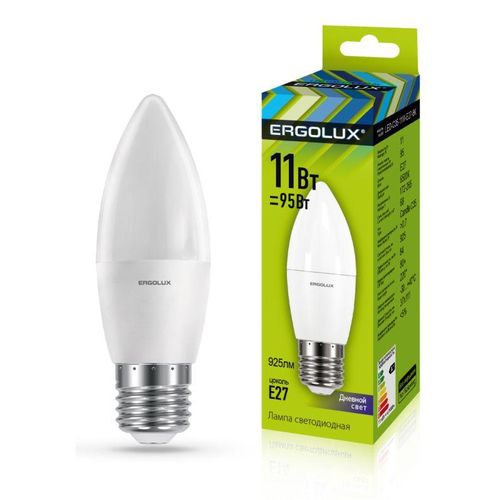 13623 Ergolux | Лампа светодиодная LED-C35-11W-E27-6K 11Вт свеча 6500К холод. бел. E27 180-240В