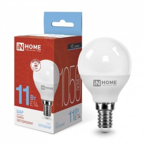 4690612024929 IN HOME | Лампа светодиодная LED-ШАР-VC 11Вт шар 6500К холод. бел. E14 1050лм 230В IN