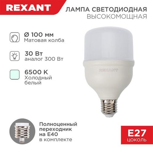 604-069 Rexant | Лампа светодиодная 30Вт 6500К холод. бел. E27 2850лм высокомощная с переходником на E40