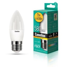 12077 Camelion | Лампа светодиодная LED7-C35/830/E27 7Вт свеча 3000К тепл. бел. E27 530лм 220В