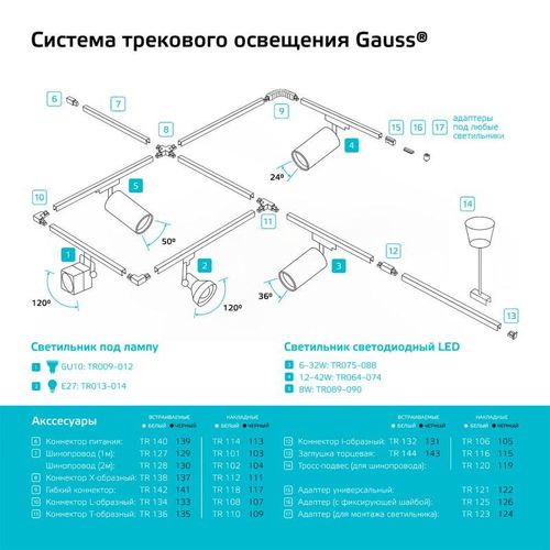 TR132 GAUSS | Коннектор Track однофазный для встраив. трековых шинопроводов прямой (I) бел.