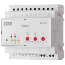 Переключатель фаз PF-452 (два выхода для питания нагрузки; с регулируемыми верхними (230-260) и нижними (150-210) значениями напряжения переключения; монтаж на DIN-рейке 35мм 3х400/230+N 6х16A IP20) F&F EA04.005.004