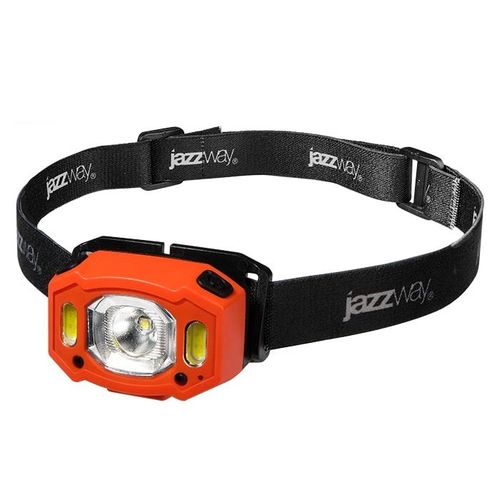 5036673 JazzWay | Фонарь аккумуляторный налобный AccuH3-L5W-og zoom LED 5Вт + 2хRED SMD IP54 5 режимов: 100проц. 180лм 3.5ч/50проц. 110лм 5.5ч/30проц. 65лм 15ч/красн. 28ч/мигающ. красн. 12ч аккум. 1.2А.ч управл. жестами оранж.