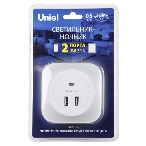 UL-00007348 Uniel | Светильник ночник DTL-321 White/Sensor/2USB с фотосенсором (день-ночь) 2USB бел.