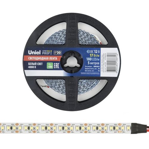 UL-00007640 Uniel | Лента светодиодная ULS-M16-2835-180LED/m-10mm-IP20-DC12V-17W/m-5M-4000K PROFI 17Вт/м 180LED/м 4000К нейтр. бел. IP20 12В DC 10мм гибкая на самоклеящейся основе герметичн. упак. (уп.5м)