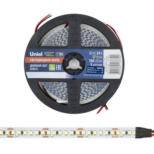 UL-00007644 Uniel | Лента светодиодная ULS-2835-180LED/m-10mm-IP20-DC24V-17W/m-5M-6500K 17Вт/м 180LED/м 6500К холод. бел. IP20 24В DC 10мм гибкая на самоклеящейся основе герметичн. упак. (уп.5м)