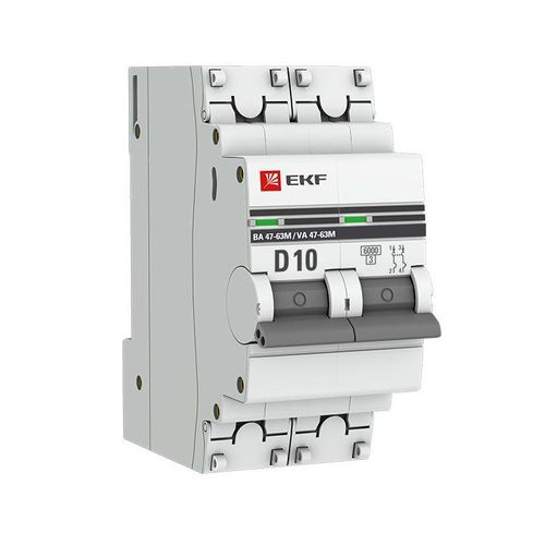 mcb4763m-6-2-10D-pro EKF | Выключатель автоматический модульный 2п D 10А 6кА ВА 47-63M с одним магнит. расцеп.