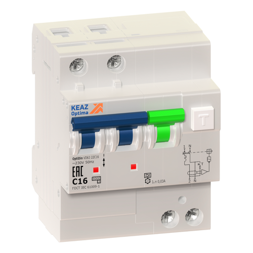 103449 КЭАЗ | Выключатель автоматический дифференциального тока 2п C 16А 10мА тип A 6кА OptiDin VD63 УХЛ4
