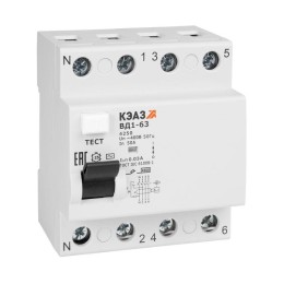221954 КЭАЗ | Выключатель дифференциального тока (УЗО) 4п 25А 100мА тип AC ВД1-63 4325 УХЛ4