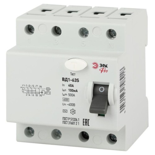 Б0036860 Эра | Выключатель дифференциального тока (УЗО) 3P+N 40А 100мА ВД1-63S Pro NO-902-155