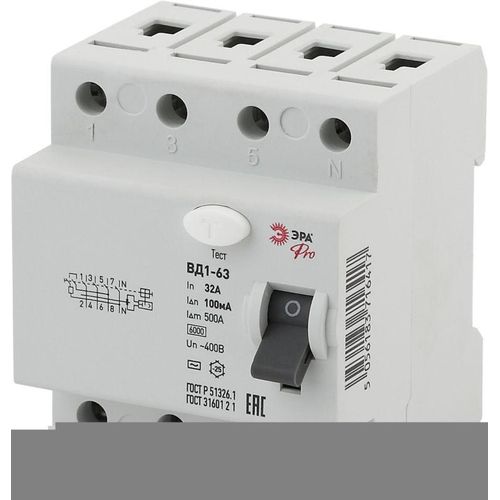 Б0031905 Эра | Выключатель дифференциального тока (УЗО) 3P+N 32А 100мА ВД1-63 Pro NO-902-66
