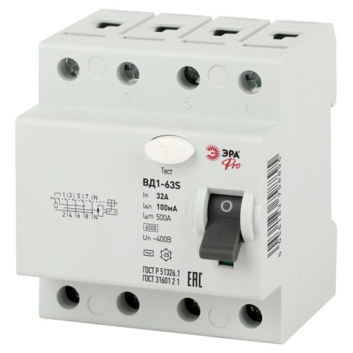 Б0036859 Эра | Выключатель дифференциального тока (УЗО) 3P+N 32А 100мА ВД1-63S Pro NO-902-154