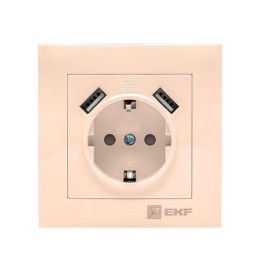 EWR16-028-20-2USB EKF | Розетка 1-м СП Валенсия 16А IP20 с заземл. защ. шторки с 2-мя заряд. устройствами USB 2.1А крем. PROxima