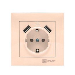 EWR16-028-20-2USB EKF | Розетка 1-м СП Валенсия 16А IP20 с заземл. защ. шторки с 2-мя заряд. устройствами USB 2.1А крем. PROxima