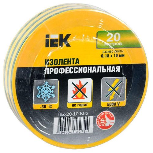 UIZ-20-10-K52 IEK | Изолента ПВХ 0.18х19мм желт./зел. (рул.20м)